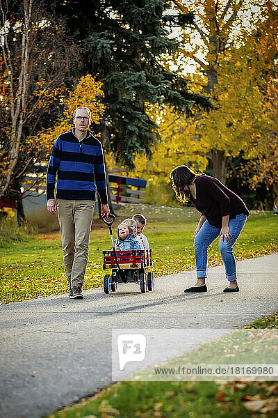 A father and mother pulling their young children in a wagon in a city park during the fall season  and their baby girl has Down Syndrome; St. Albert  Alberta  Canada