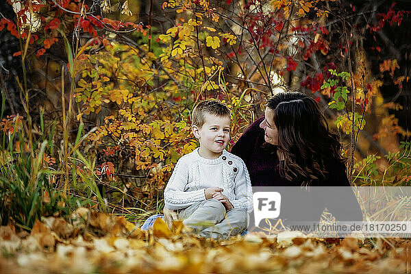 Eine Mutter verbringt Zeit mit ihrem kleinen Sohn in einem Stadtpark während der Herbstsaison; Edmonton  Alberta  Kanada