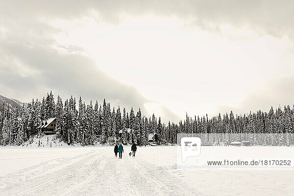 Tourists hiking with a dog across a frozen Emerald Lake with the Rocky Mountains in the background during winter in Yoho National Park; British Columbia  Canada