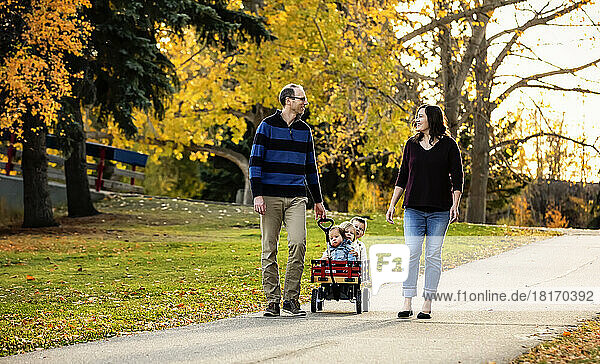 Ein Vater und eine Mutter ziehen ihre kleinen Kinder in einem Wagen in einem Stadtpark während der Herbstsaison  und ihr kleines Mädchen hat das Down-Syndrom; St. Albert  Alberta  Kanada