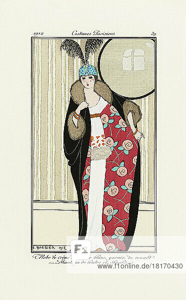 Robe de crêpe de Chine blanc - Weißes Kleid aus Crêpe de Chine. Druck aus der Modezeitschrift Journal des Dames et des Modes  die vom 1. Juni 1912 bis zum 1. August 1914 erschien. Nach einem Werk des französischen Illustrators George Barbier  1882 - 1932.