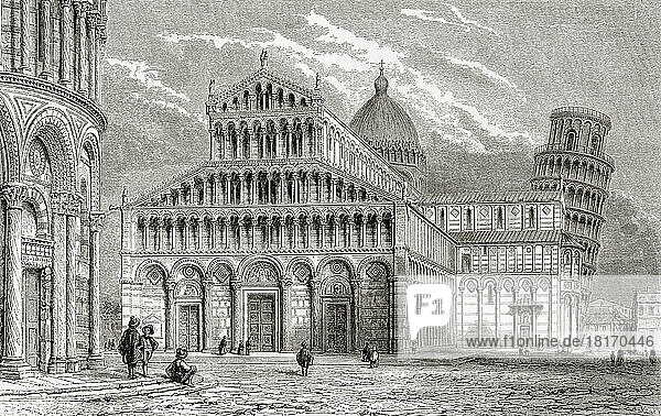 The Pisa cathedral  or Duomo  and its belltower (campanile) known as the Leaning Tower of Pisa. Pisa  Tuscany  Italy  seen here in the 19th century. Campo dei Miracoli  or Field of Miracles. Also known as the Piazza del Duomo. The 11th century Cathedral was designed by architects Buscheto and Rainaldo in the Pisan Romanesque style. Designed by Bonanno Pisano in the Romanesque style  construction began on the Leaning Tower in 1173 and was completed in 1372. From Les Plus Belles Eglises du Monde  published 1861.