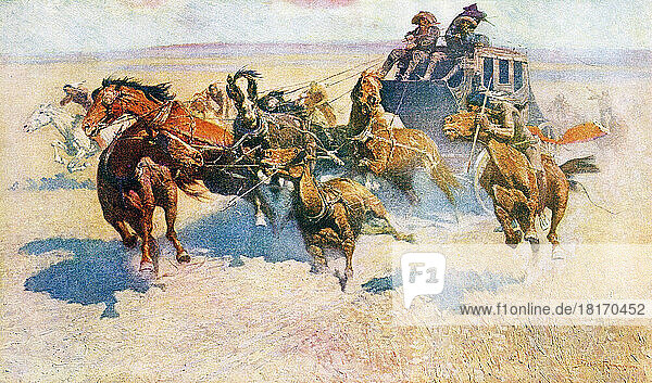 Den High Header herunterfahren. Nach einem Werk des amerikanischen Künstlers Frederic Sackrider Remington  1861 - 1909. Männer auf einer Postkutsche versuchen  einen Indianerangriff abzuwehren. Ein Indianer versucht  das führende Pferd zu töten.
