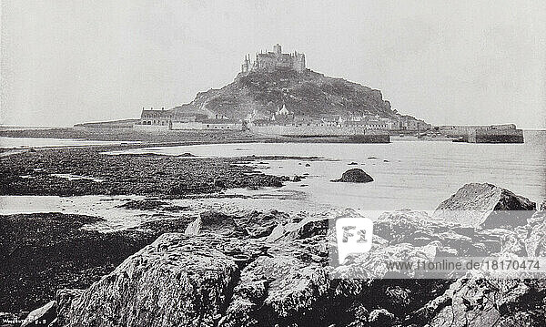 St. Michael's Mount  Mount's Bay  Cornwall  England  seen from the rocks at Marazion in the 19th century. From Around The Coast  An Album of Pictures from Photographs of the Chief Seaside Places of Interest in Great Britain and Ireland published London  1895  by George Newnes Limited.