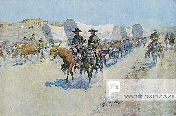 Der Santa Fe-Handel. Nach einem Werk des amerikanischen Künstlers Frederic Sackrider Remington  1861 - 1909. Planwagen auf dem Santa Fe Trail  die Waren für Siedler transportieren.