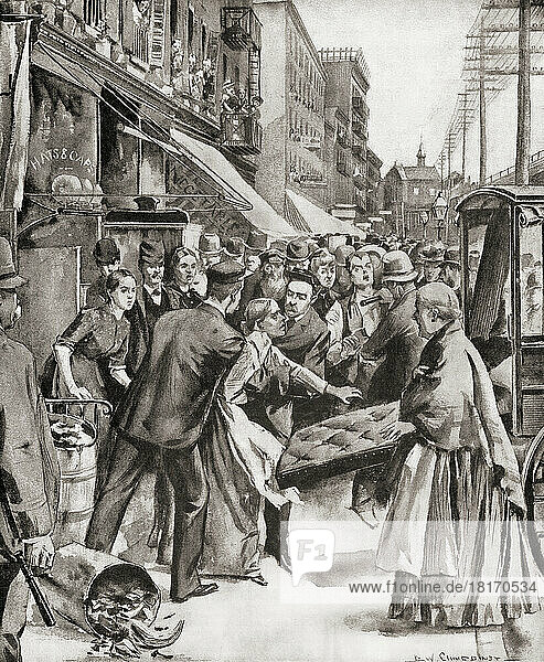 Eine Frau  bei der der Verdacht auf Cholera besteht  wird aus ihrem Haus in der Second Avenue  New York  in einen Krankenwagen gebracht. Nach einer Illustration in einer Ausgabe von Frank Leslie's Illustrated Weekly aus dem Jahr 1892.