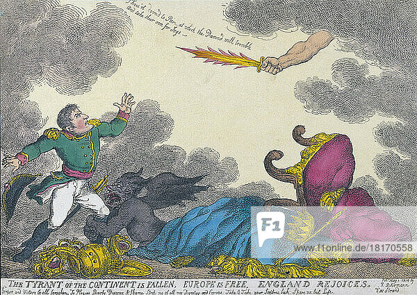 Der Tyrann des Kontinents ist gefallen  Europa ist frei  England jubelt. Karikatur des englischen Künstlers Thomas Rowlandson  die die Abdankung von Napoleon Bonaparte am 11. April 1814 und seine anschließende Verbannung nach Elba feiert. Nach einem Werk vom 1. Mai 1814.