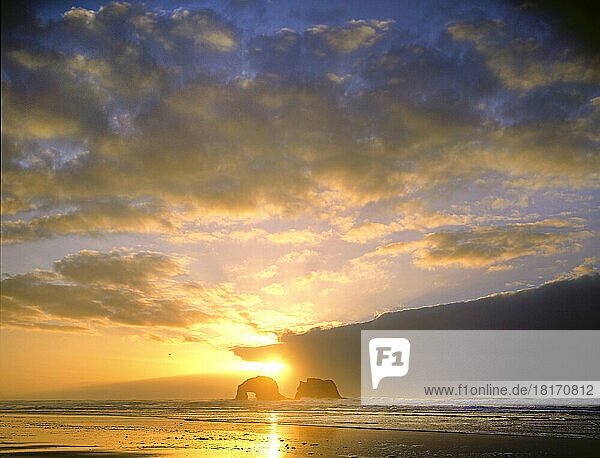 Goldener Sonnenuntergang über Felsformationen an der Küste von Oregon  USA; Oregon  Vereinigte Staaten von Amerika