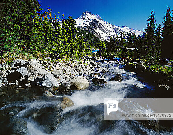 Winding Creek Below Snow-Capped Mountain  Mount Jefferson Wilderness in Oregon  USA; Oregon  Vereinigte Staaten von Amerika