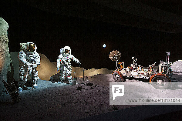 Exhibit of two astronauts and the Lunar Rover at the Johnson Space Center in Houston  Texas  USA; Webster  Texas  United States of America