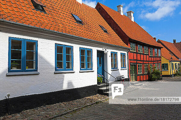 Typical painted houses and Cobblestone Street  Aeroskobing Village  Aero Island  Jutland Peninsula  Region Syddanmark  Denmark  Europe