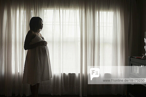 Silhouette of Pregnant Woman Looking out Window