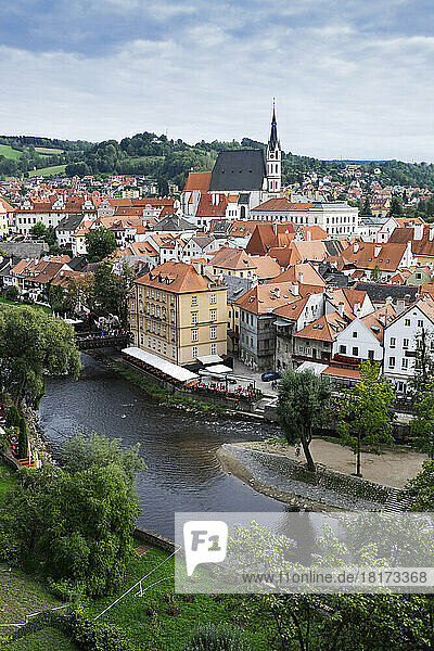 Scenic overview of Cesky Krumlov with St Vitus Church in background  Czech Replublic.