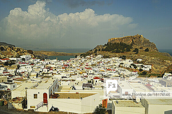 Lindos town and Acropolis of Lindos  Rhodes  Dodecanese  Aegean Sea  Greece  Europe