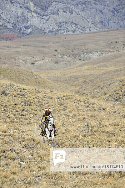 Cowboy riding horse in wilderness  Rocky Mountains  Wyoming  USA