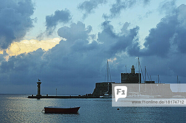 Tower and Fort of Saint Nicholas  Mandraki Harbor  Rhodes City  Rhodes  Dodecanese  Greek Islands  Aegean Sea  Greece