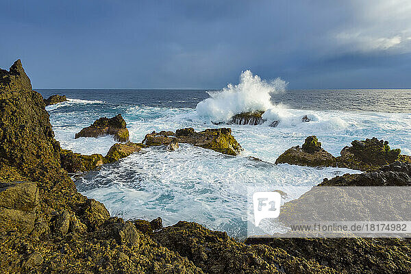 Lava Rock Coast at Sunrise with Breaking Waves  Charco del Viento  La Guancha  Tenerife  Canary Islands  Spain