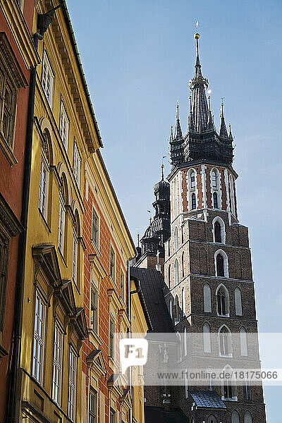 Close-up of tower of Church of the Holy Virgin Mary  Main Market Square  Krakow  Poland.