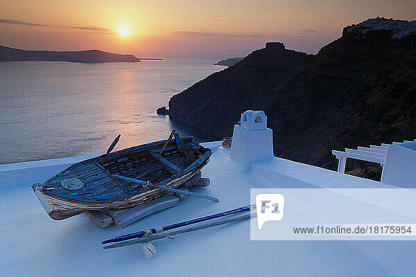 Old boat on a roof at sunset  Firostefani  Santorini  Cyclades  Greek Islands  Greece  Europe