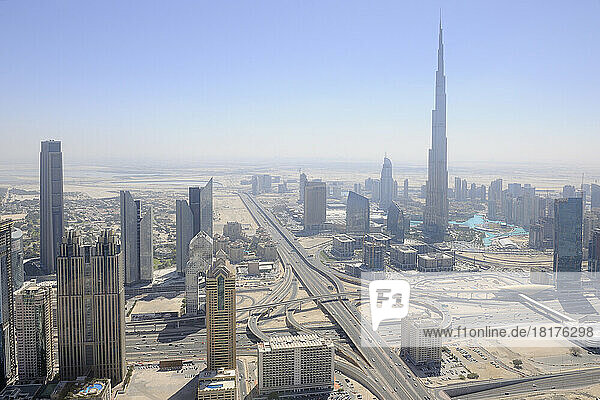 Aerial View of Traffic Junction of Sheikh Zayed Road with Burj Khalifa Skyscraper  Dubai  United Arab Emirates  Middle East  Gulf Countries.
