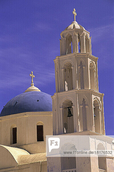 Blue Domed Church and Bell Tower  Pirgos  Santorini  Greece