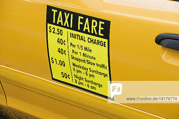 Close-up of List of Fares on Side of Taxi  New York City  New York  USA