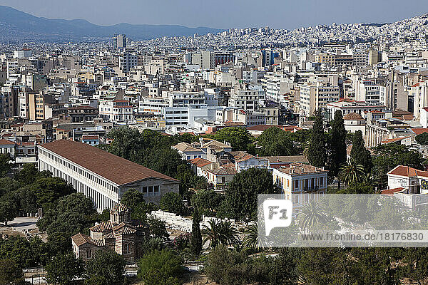 Stoa of Attalos and Ancient Agora of Athens  from Acropolis  Athens  Greece