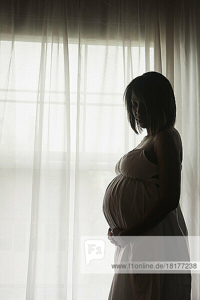 Silhouette of Pregnant Woman Standing by Window