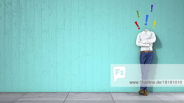 Colorful exclamation points over invisible person leaning on wall