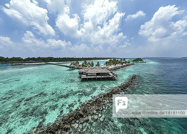 Maldives  Kaafu Atoll  Aerial view of resort bungalow on Lankanfushi island