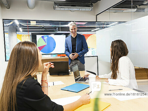 Smiling businessman giving presentation in front of colleagues in office
