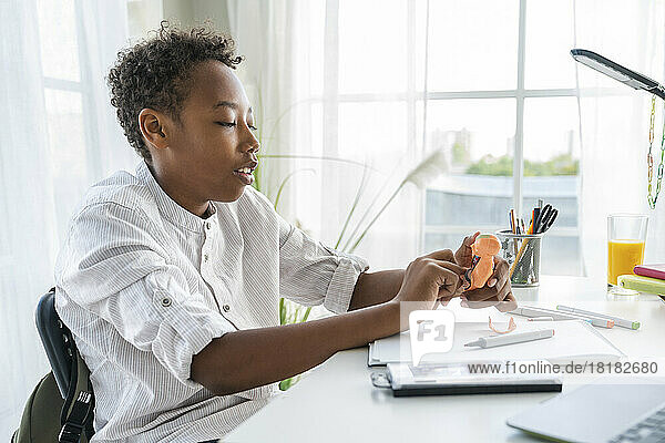 Boy examining model sitting on table at home
