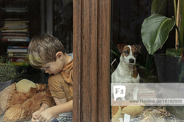Boy sitting with pet dog in home seen through glass window
