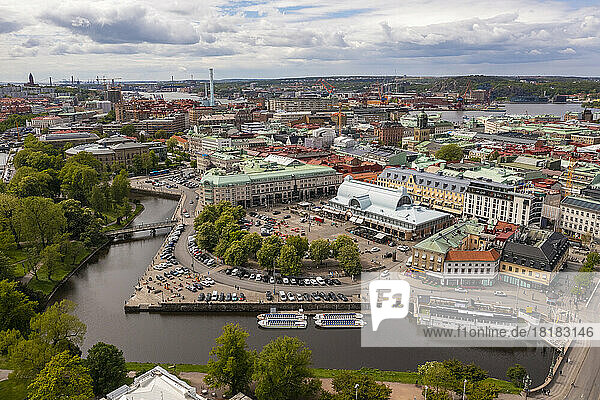 Sweden  Vastra Gotaland County  Gothenburg  Aerial view of city canal with historic market hall in background