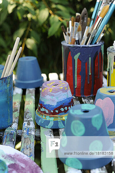 Colorful painted terracotta flower pots