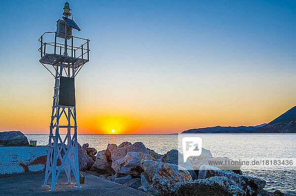 Greece  Crete  Bali  View of coastal beacon at sunrise