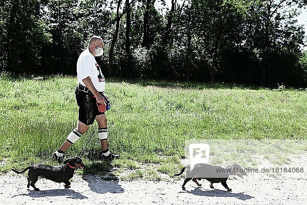 Germany  Bavaria  Munich  Senior man walking with dogs