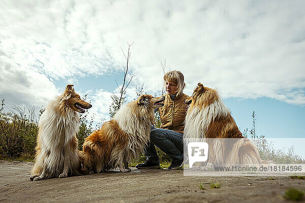 Woman with collie dogs crouching under cloudy sky in nature