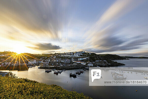 UK  England  Mevagissey  View of bay and surrounding village at sunset