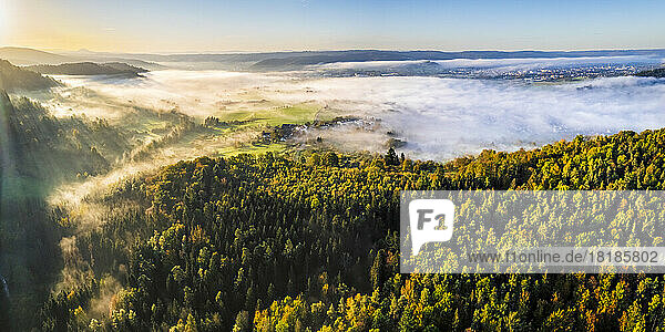Germany  Baden-Wurttemberg  Drone panorama of Wieslauftal valley shrouded in thick autumn fog at dawn