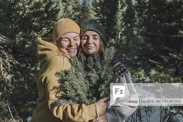 Smiling friends with spruce tree twigs embracing each other in forest