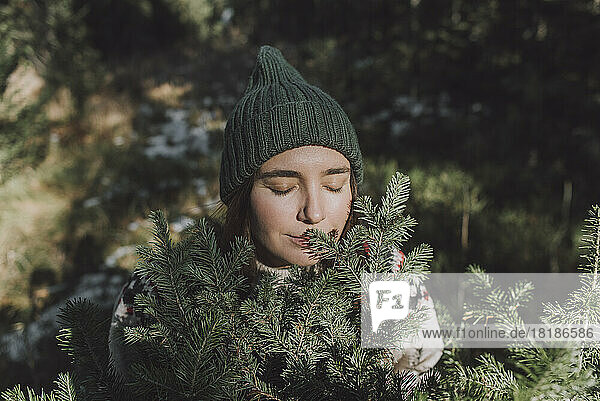 Woman with eyes closed smelling twigs of evergreen tree