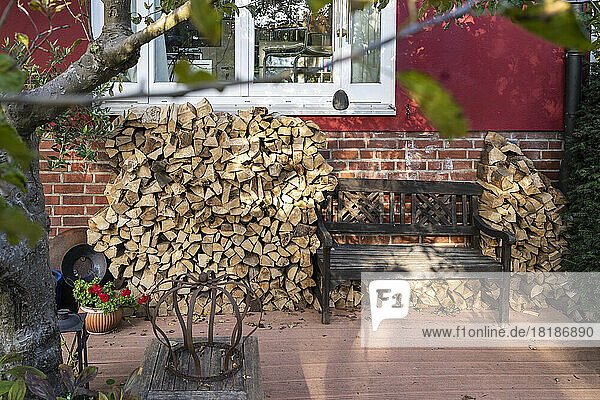 Stack of firewood stored in back yard