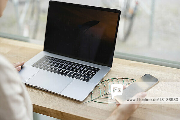 Hand of businesswoman holding smart phone by leaf shape model and laptop at desk