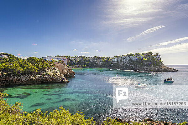 Spain  Balearic Islands  Menorca  Scenic view of Cala Galdana resort in summer