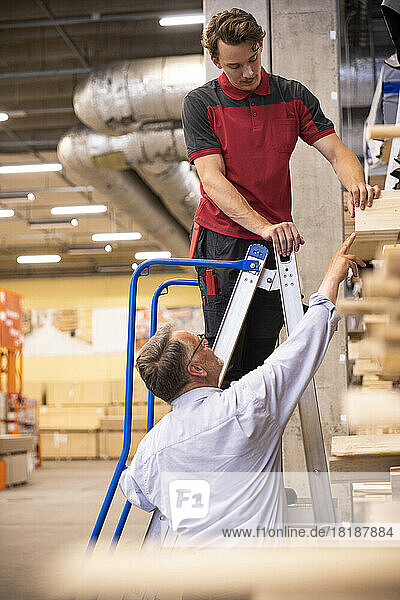 Männlicher Kunde zeigt dem auf einer Leiter stehenden Verkäufer im Baumarkt ein Brett