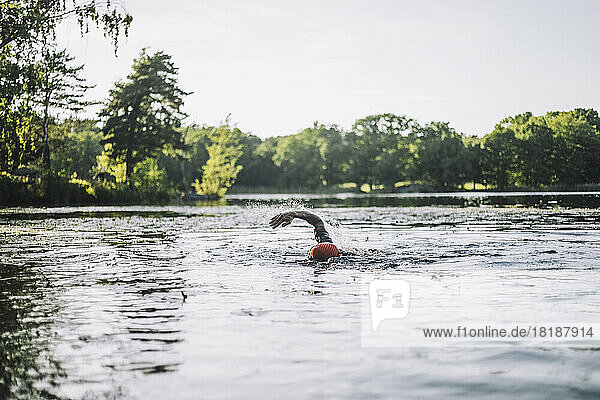 Mature man practicing freestyle swimming in lake