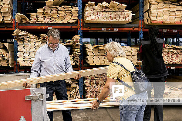 Ältere Kunden  die beim Einkaufen im Baumarkt Bretter prüfen und in den Anhänger laden