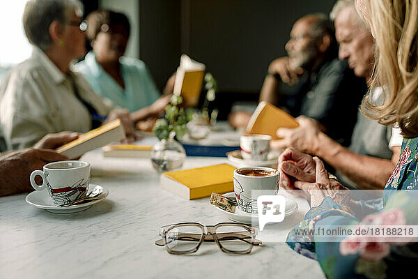 Ältere männliche und weibliche Freunde sitzen zusammen in einem Cafe