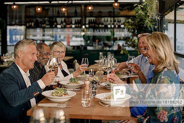 Glückliche ältere männliche und weibliche Freunde stoßen mit Weingläsern im Restaurant an